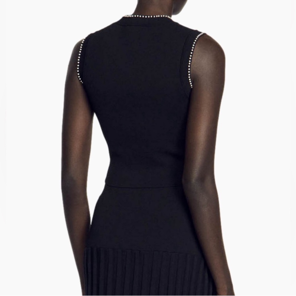 NWT Sandro Gild Faux Pearl Embellished Sleeveless Knit Tank Top Black  Sz/ 0 - Picture 6 of 12